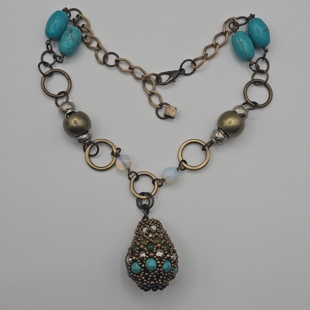 Bronze & Turquoise Tone Beaded Pendant Necklace 22" Boho Chic Earthy Southwest - Picture 12 of 16